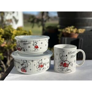 3 pcs Disney Mickey Mouse Ceramic 2 Storage Container Bowls Vented Lids  & Mug